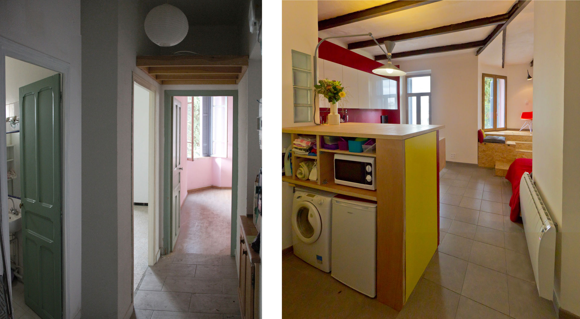 Les pièces de vie avant et après (depuis l'entrée) Atelier RnB Salon moderne