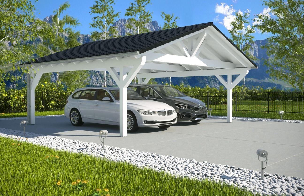 Easy Premium Spitzdachcarport, Solarterrassen & Carportwerk GmbH Solarterrassen & Carportwerk GmbH モダンデザインの ガレージ・物置 ガレージ＆小屋