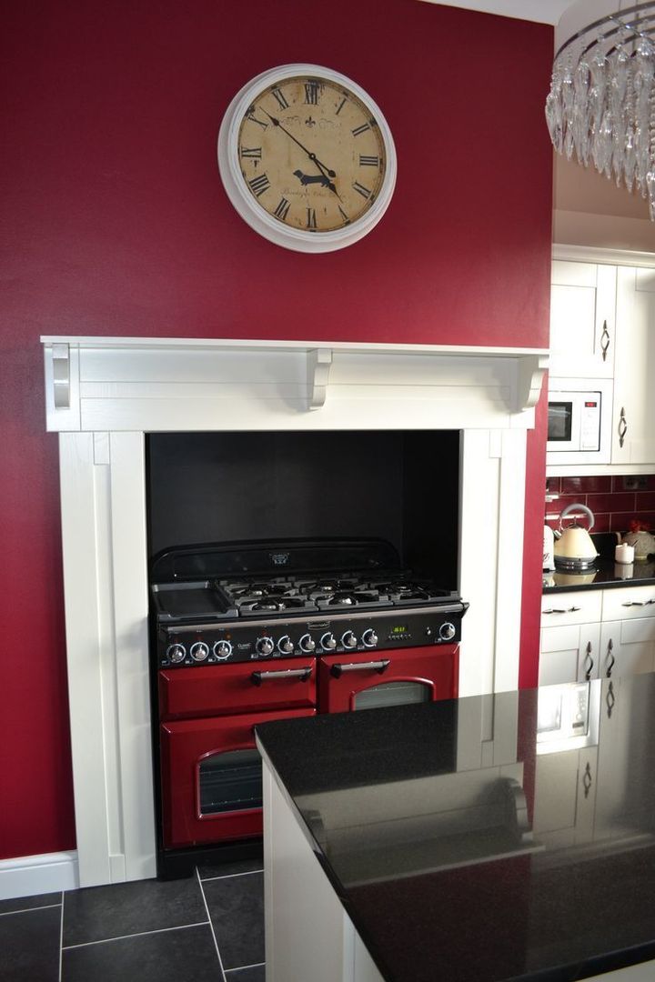 Wentworth Kitchen Units in Alabaster with matching mantel. Statement Kitchens