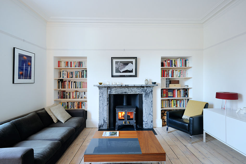 South Crown Street Living Room homify 모던스타일 거실 refirbishment,renovation,aberdeen,house,living,scandinavian,stove,wood burner,timber