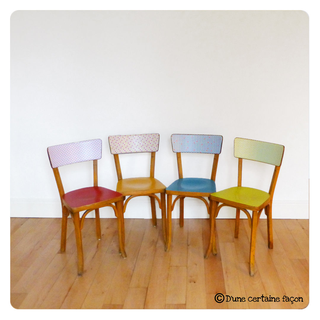 4 chaises vintage, revisitées tout en couleur D'une certaine façon Salle à manger originale Tabourets & bancs