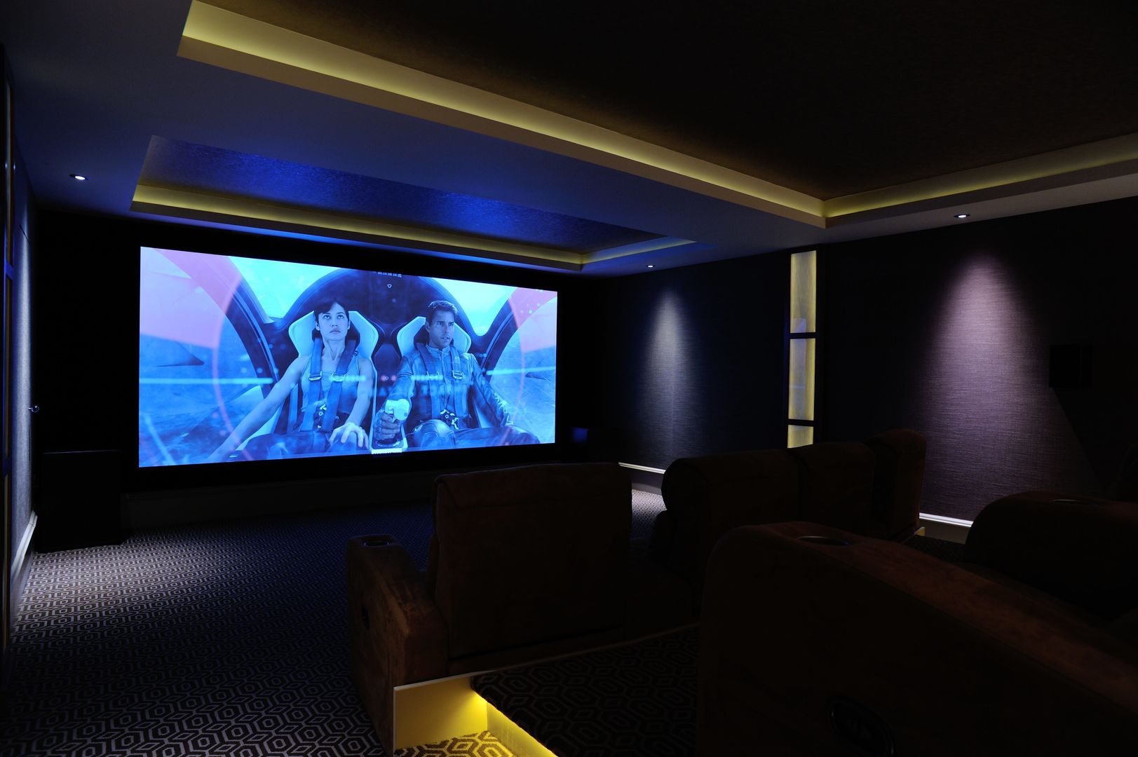 Fabric walling in cinema room Mille Couleurs London Phòng giải trí phong cách hiện đại