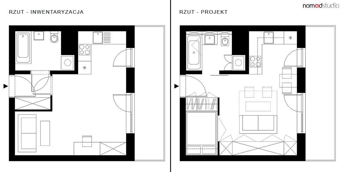 czarno - biała kawalerka, nomad studio nomad studio Paredes y pisos de estilo minimalista