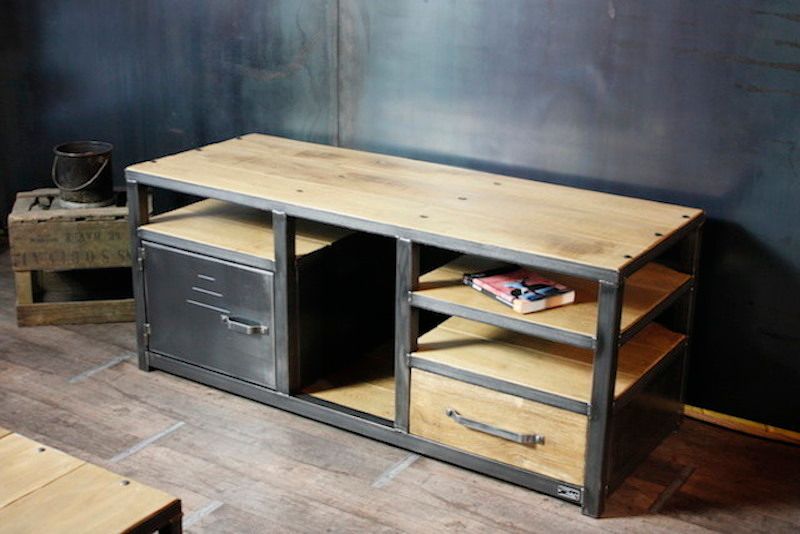 Meuble Tv en palissandre et fer forgé | Salon esprit loft