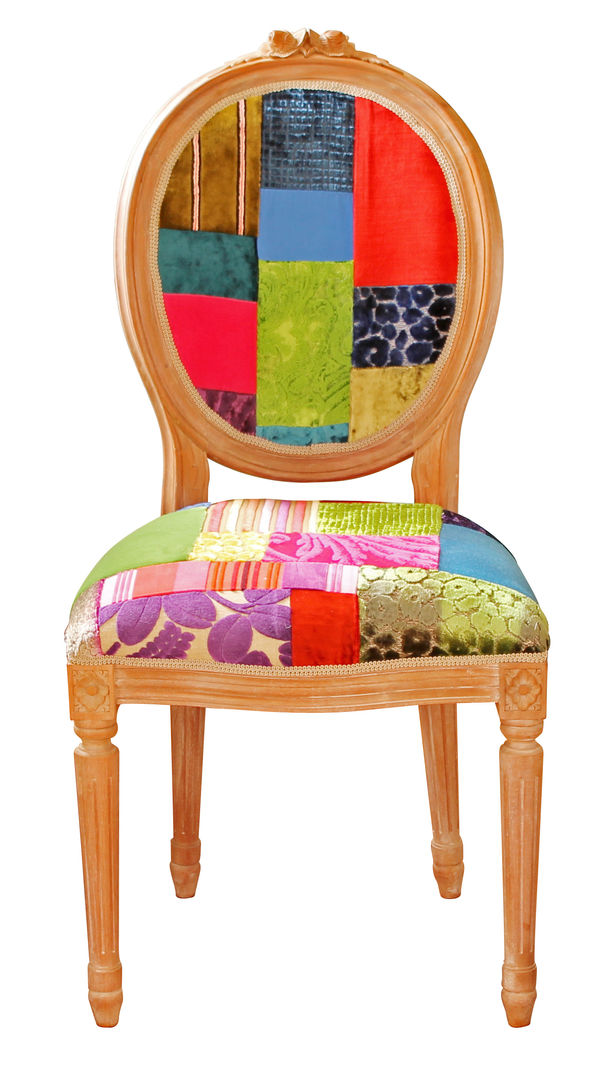 'Ready to Go' patchwork chairs available for sale at http://www.kellyswallow.com/products/, Kelly Swallow Kelly Swallow Salas de jantar ecléticas Cadeiras e bancos