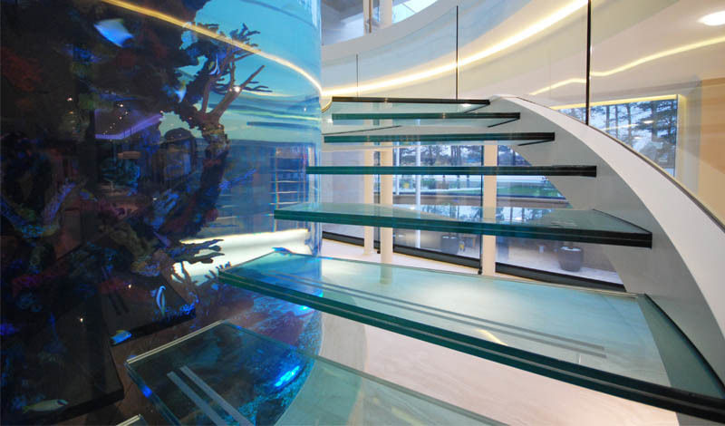 Helical glass staircase around giant fish tank Diapo Corredores, halls e escadas modernos