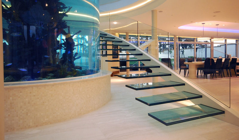 Helical glass staircase around giant fish tank Diapo Pasillos, vestíbulos y escaleras de estilo moderno
