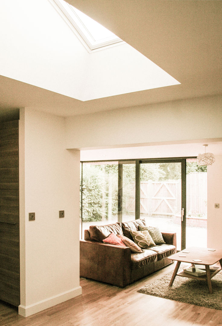 View from Dining room towards living room and garden beyond Klas Hyllen Architects Ruang Keluarga Gaya Skandinavia