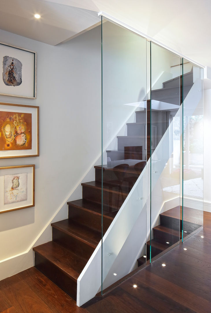 Redesdaale Street Chelsea Basement Development Staircase with Glass Balustrade Shape Architecture Modern corridor, hallway & stairs