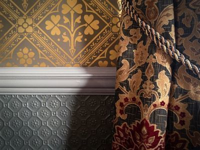 Triad wallpaper above dado and Lincrusta below dado line The Victorian Emporium Classic style dining room Accessories & decoration