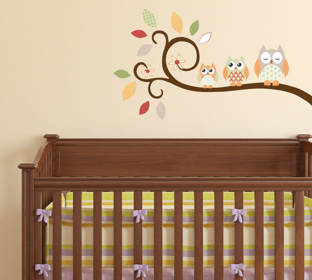 Autumn Owl Branch Luxury Nursery Wall Art Sticker Designs for a baby girls or baby boy nursery room Enchanted Interiors Modern nursery/kids room