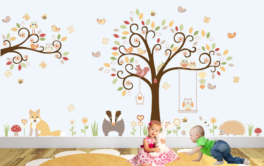 Deluxe Woodland Animal Nursery Wall Art Sticker Design for a baby boys or baby girls nursery room Enchanted Interiors 모던스타일 아이방