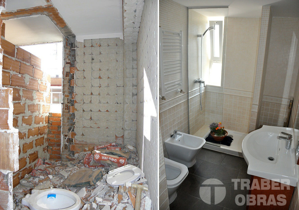 Reforma integral de vivienda por Traber Obras . Cuarto de baño antes y después. Traber Obras