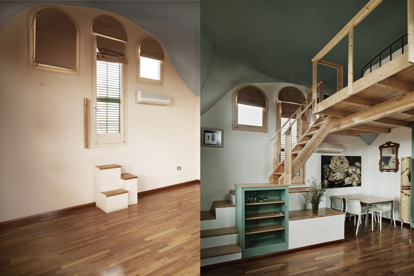 Antes y después. Mueble/escalera de acceso al altillo mobla manufactured architecture scp Dormitorios de estilo escandinavo