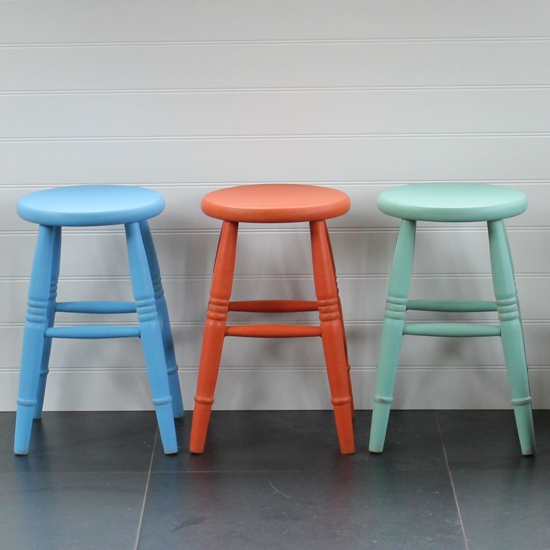 Hand Painted Low Stool Rectory Blue Ruang Makan Gaya Country Chairs & benches