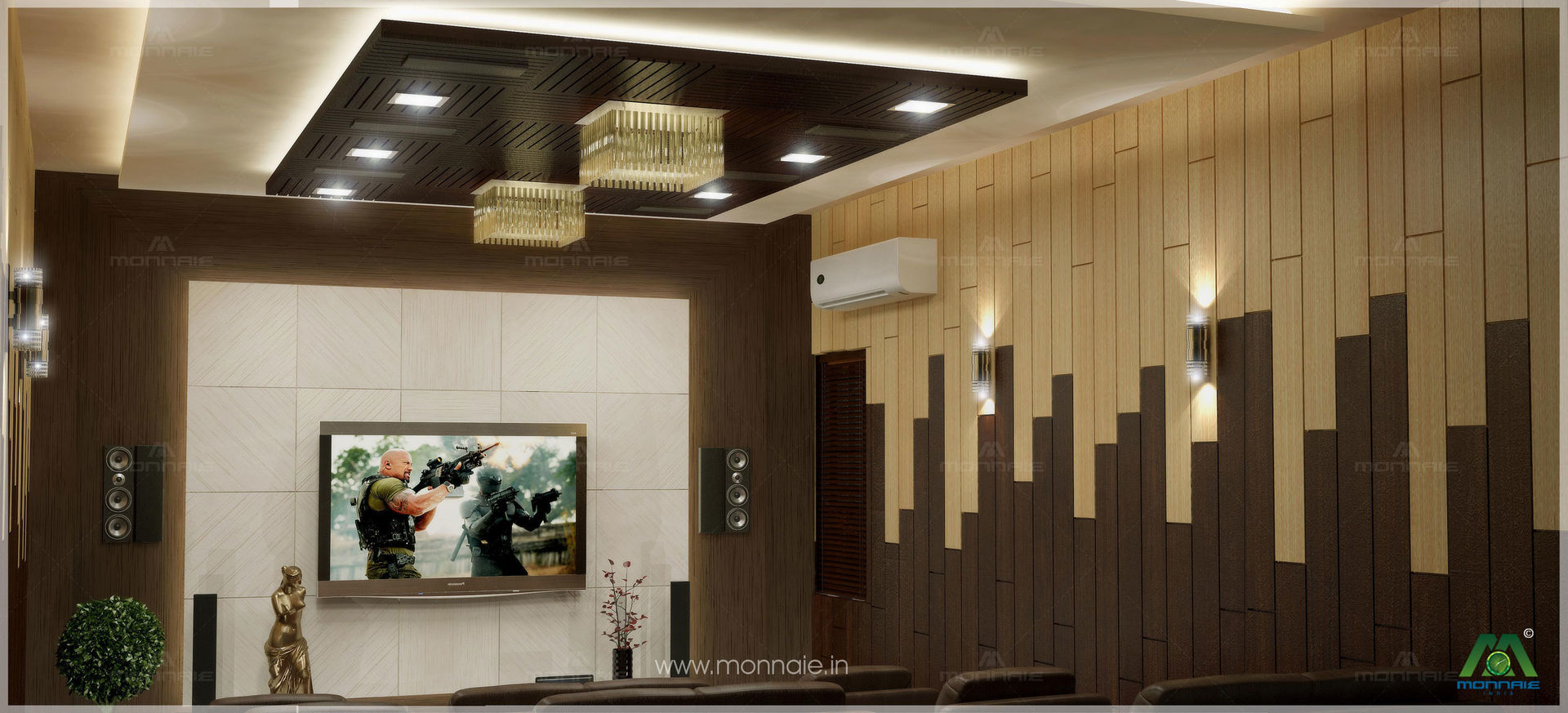 Home theatre Monnaie Interiors Pvt Ltd Modern media room Property,Interior design,Building,Lighting,Architecture,Wall,Art,Ceiling,Glass,Event