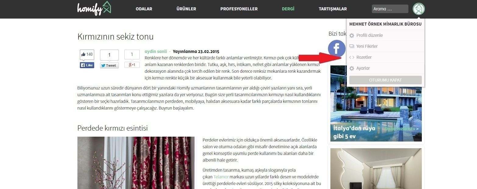 Üst menüden Rozetler'e gidiş homify Yardım