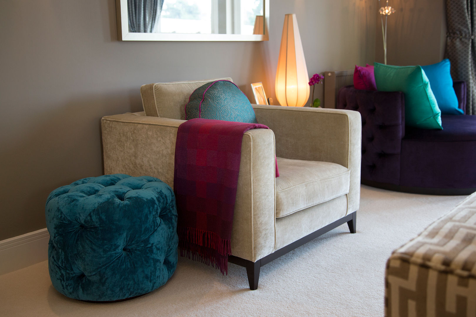 Neutral Velvet Modern Square Armchair Design by Deborah Ltd Ruang Keluarga Modern Sofas & armchairs