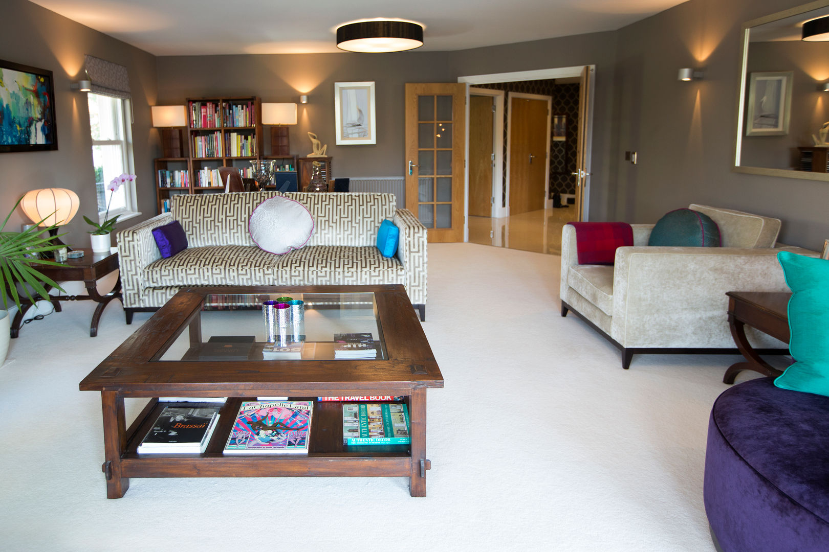 Modern Sofa Feauturing Geometric Neutral Fabric Design by Deborah Ltd Ruang Keluarga Modern