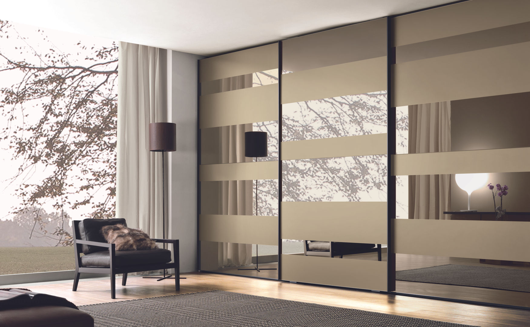 Segmenta sliding door wardrobe - Pictured here in Bronze mirror and frosted bronze mirror. Lamco Design LTD غرفة نوم خزانة الملابس