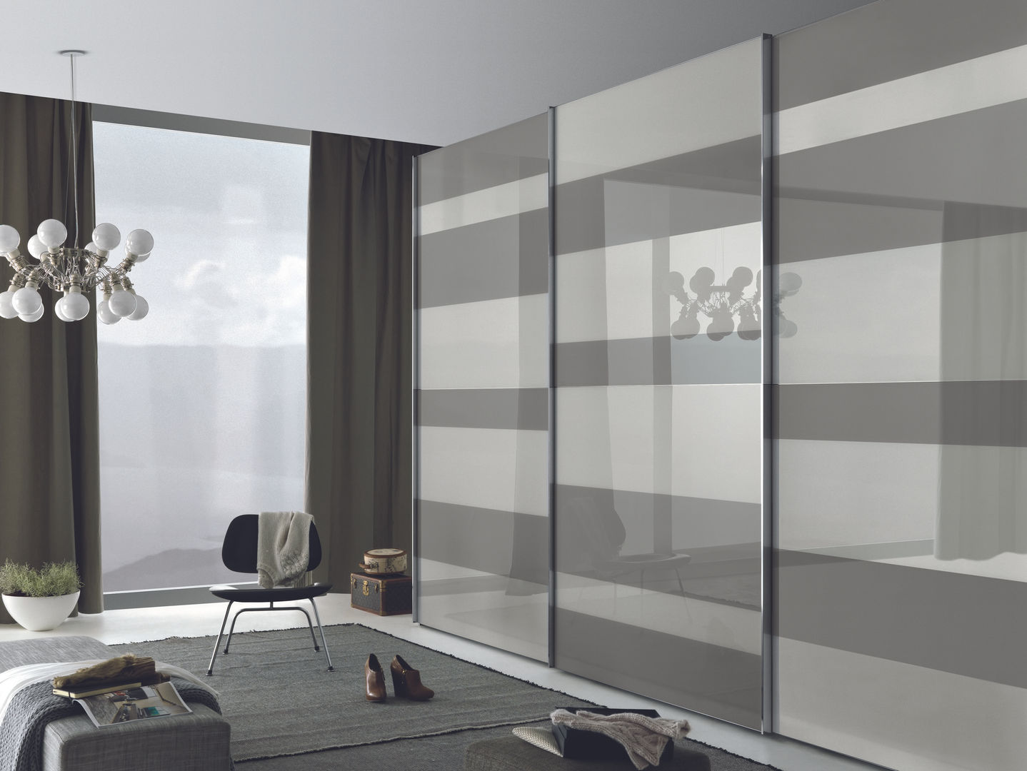 Segmenta sliding door wardrobe, Pictured here in white and grey lacquered glass panels Lamco Design LTD Спальня в стиле минимализм Шкафы для одежды и комоды