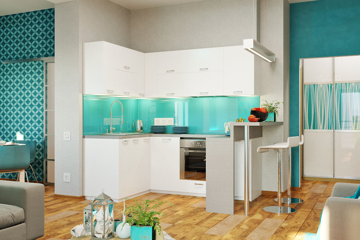 Морской стиль для гостиной и кухни, Студия дизайна ROMANIUK DESIGN Студия дизайна ROMANIUK DESIGN Cocinas modernas: Ideas, imágenes y decoración