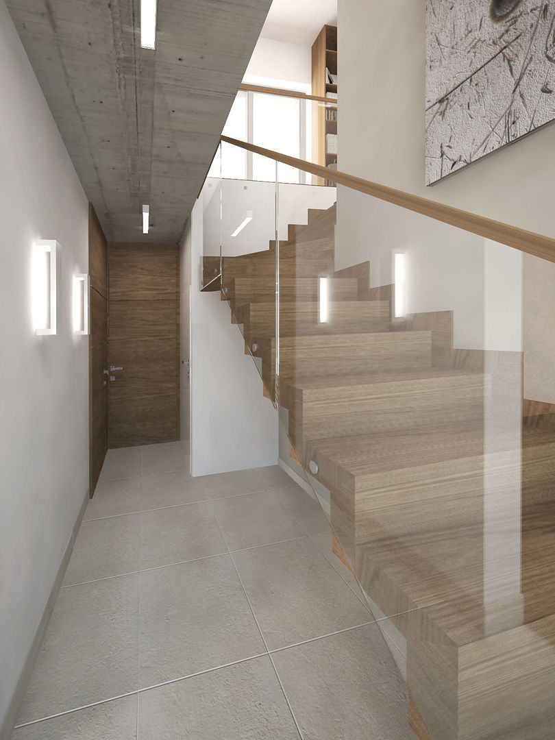 Dębowe schody dywanowe KRY_ Minimalistyczny korytarz, przedpokój i schody