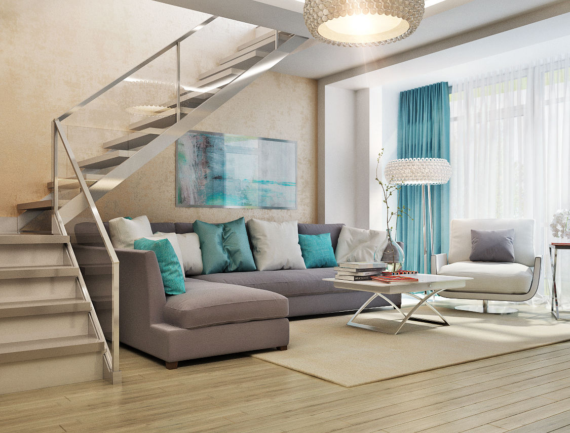 Двухуровневая квартира в морском стиле, Студия дизайна ROMANIUK DESIGN Студия дизайна ROMANIUK DESIGN Minimalist living room