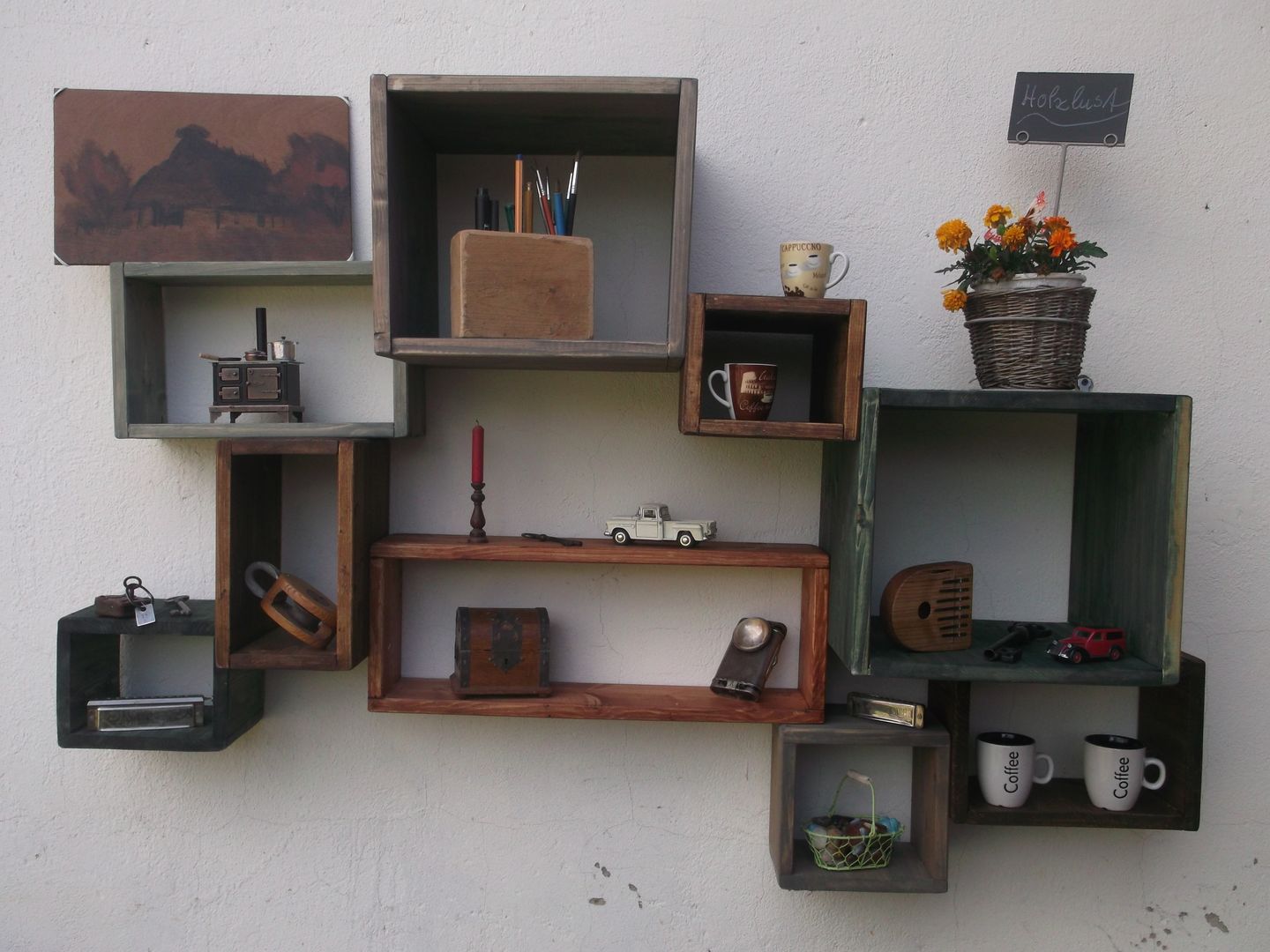 Wandregal " Ebeltoft ",bunt lasiert, Holzlust-Galerie im Oderbruch- Holzlust-Galerie im Oderbruch- Ruang Keluarga Gaya Rustic Shelves