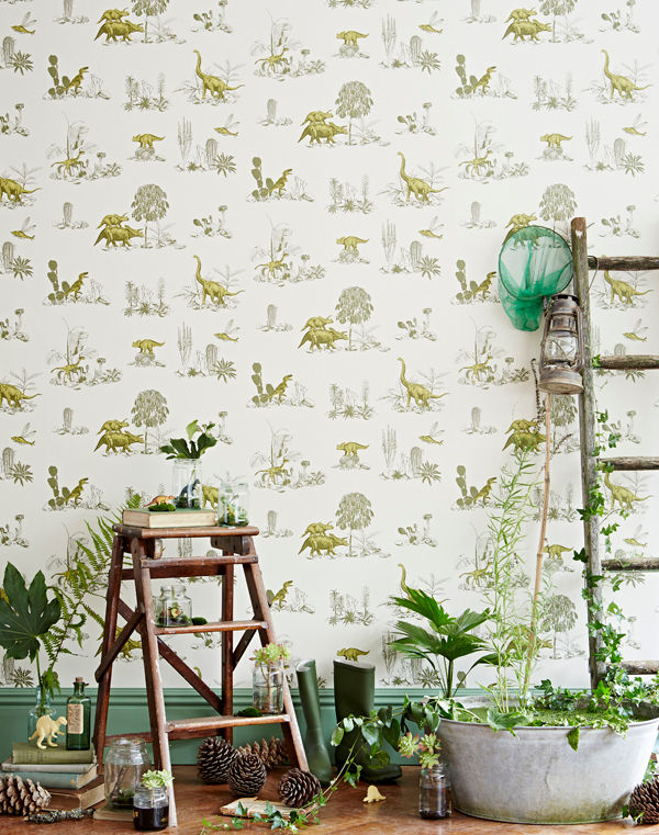 Dino Wallpaper Yellow Green Sian Zeng Paredes y pisos de estilo ecléctico Papeles pintados