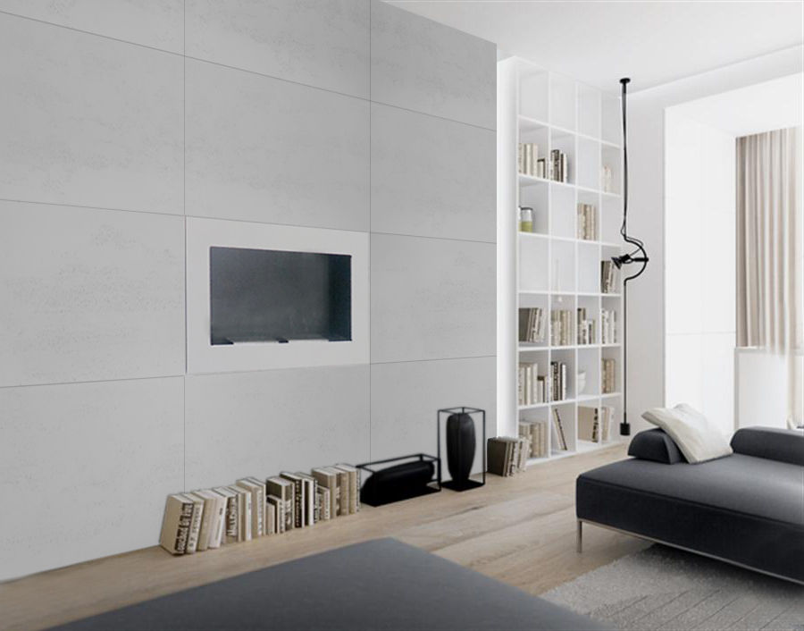 Architectural concrete slabs in livingroom - grey white Luxum Modern living room