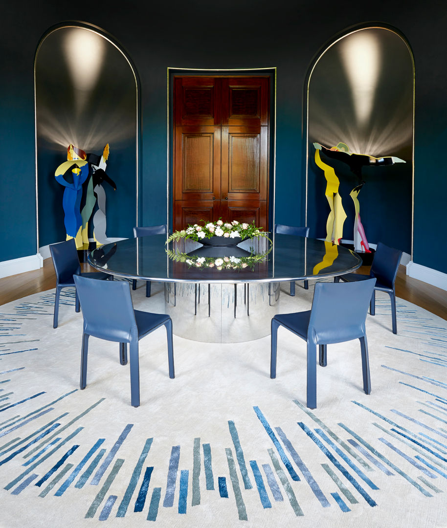 Deirdre Dyson BLUE BARS hand knotted wool and silk rug, residential commission Deirdre Dyson Carpets Ltd Classic style dining room