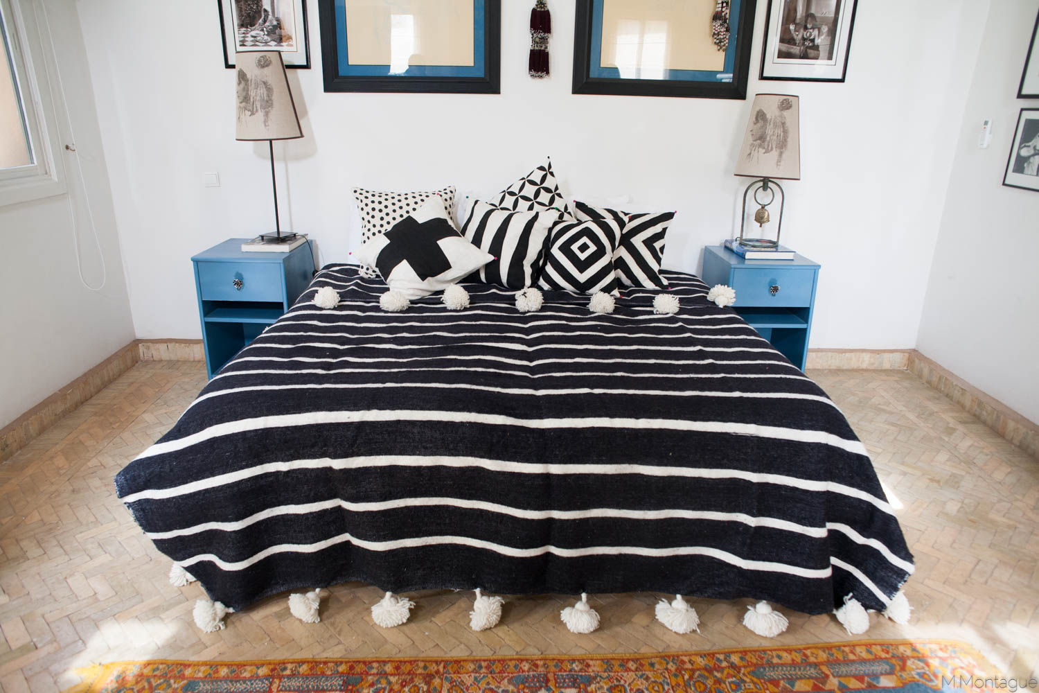 Moroccan Striped Black & White Pom Pom Blanket M.Montague Souk Mediterranean style bedroom Accessories & decoration