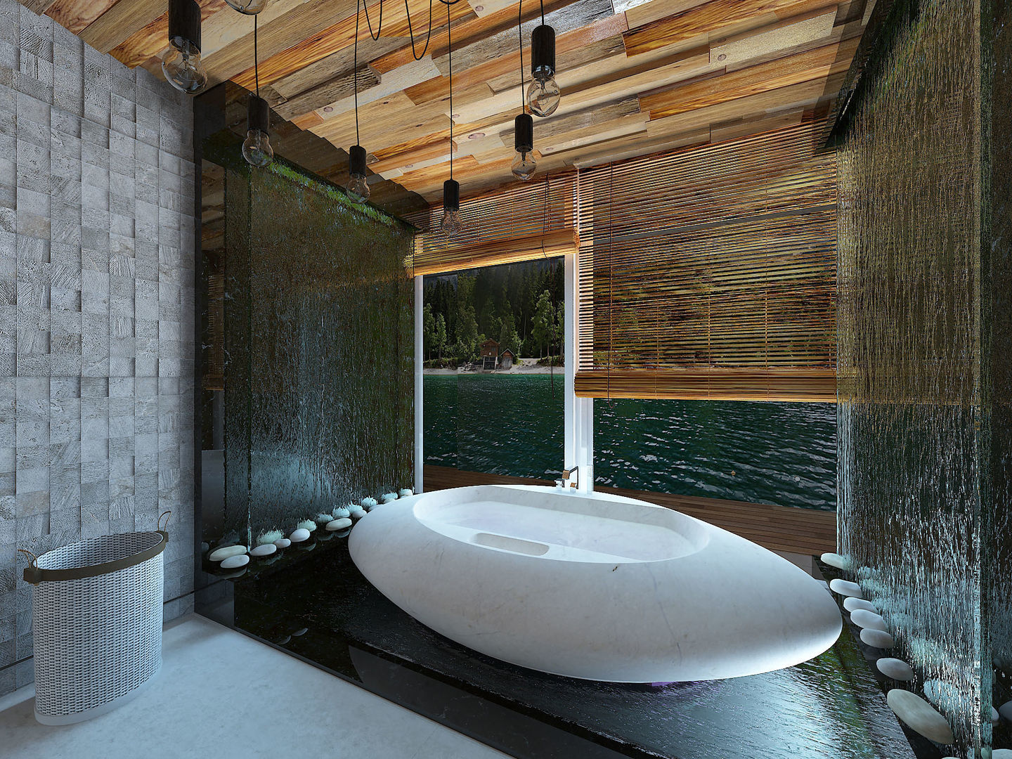 характерные детали интерьера ванной в японском стиле: