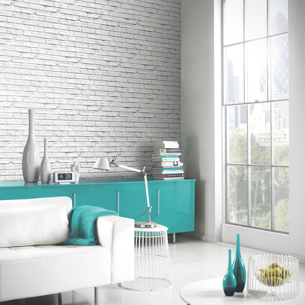 Arthouse VIP White Brick Wall Photographic Stone Effect Wallpaper 623004 I Want Wallpaper Paredes y pisos de estilo moderno Papel tapiz