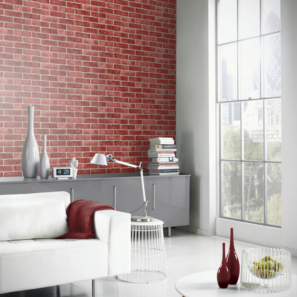 Arthouse VIP Red Brick Wall Pattern Faux Stone Effect Motif Mural Wallpaper 623006 I Want Wallpaper กำแพง วอลเปเปอร์