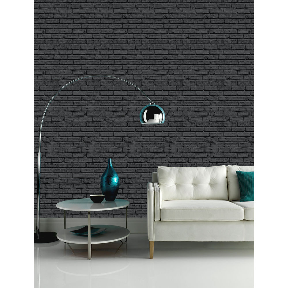 Arthouse VIP Black Brick Wall Pattern Faux Stone Effect Motif Mural Wallpaper 623007 I Want Wallpaper Paredes y pisos de estilo moderno Papeles pintados