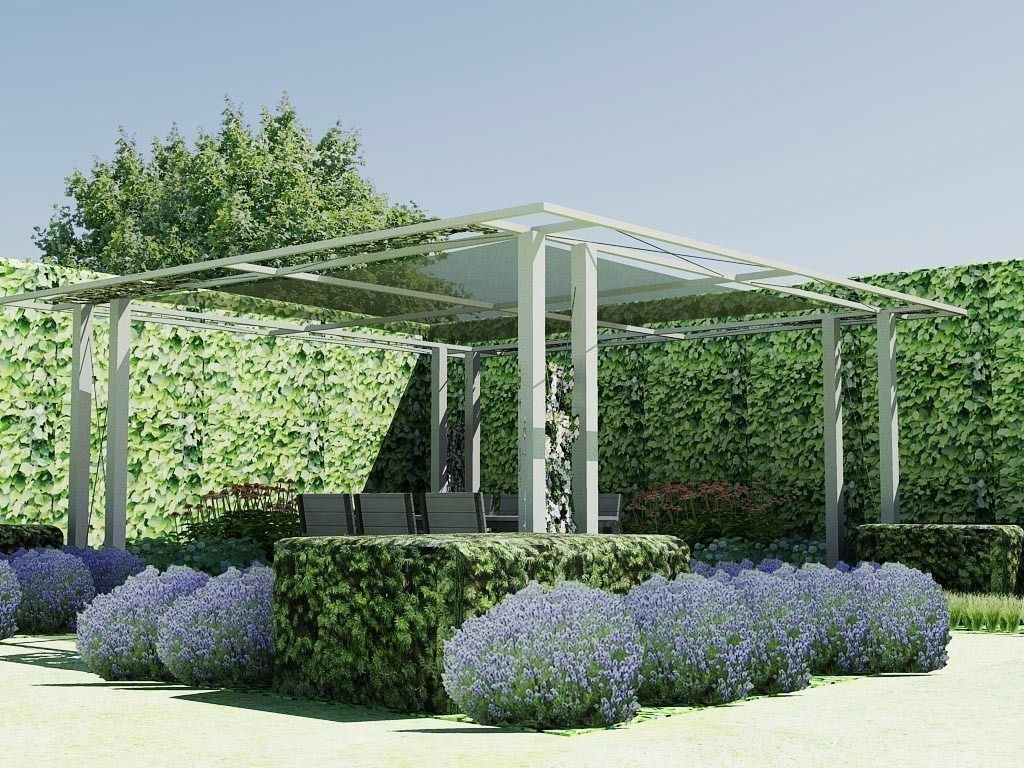 Pergola aus Stahl mit Faltsonnensegel. homify Industrialer Garten Lauben und Gewächshäuser