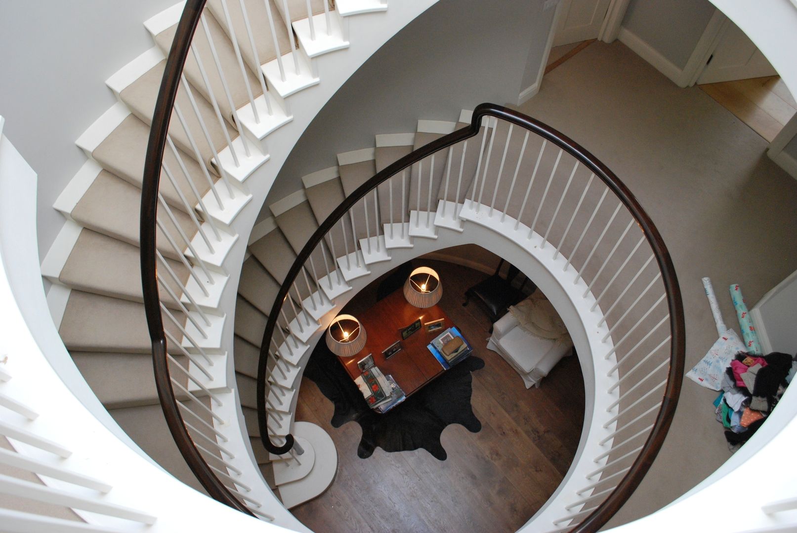 Looking down Giles Jollands Architect Classic style corridor, hallway and stairs