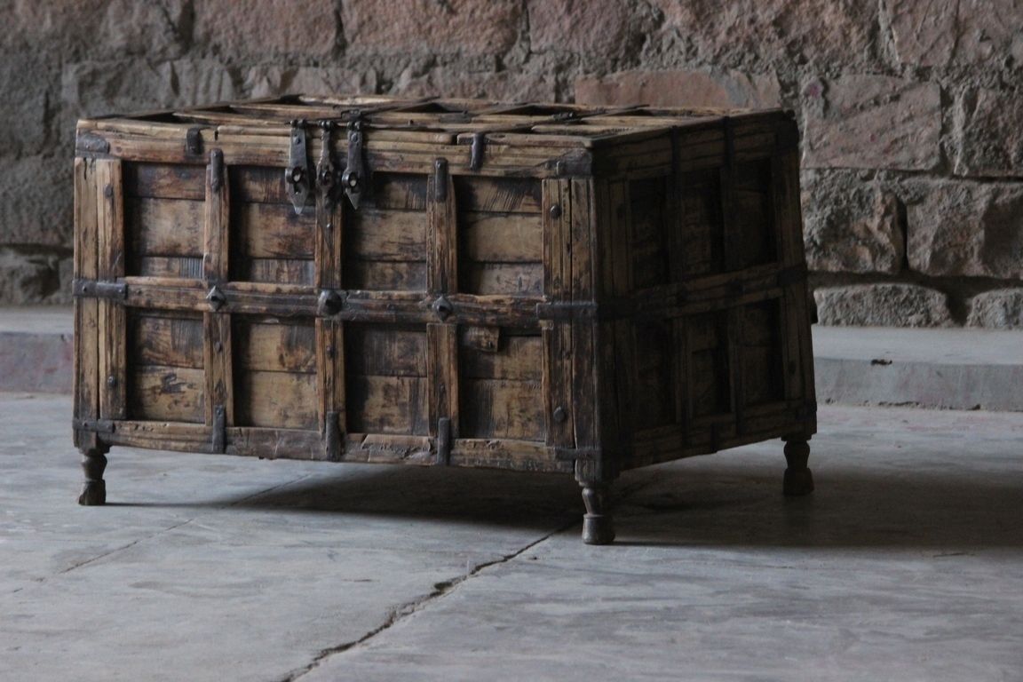 Chetna Antique Timber and Steel Trunk Little Tree Furniture Rustic style study/office Storage