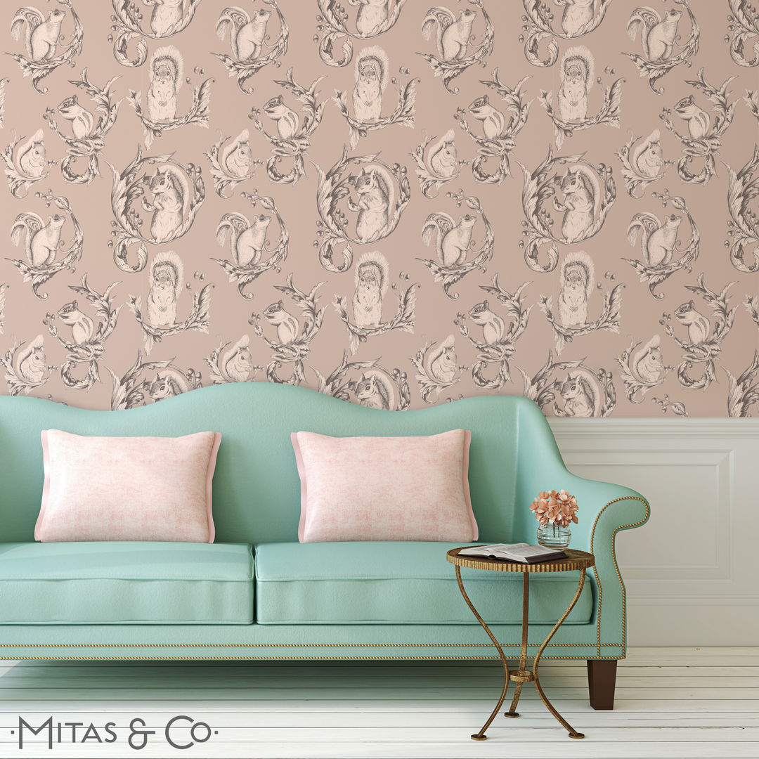 Squirrel Pose Wallpaper in Soft Sorbet Mitas & Co. Wallpapers & Textiles Walls Wallpaper