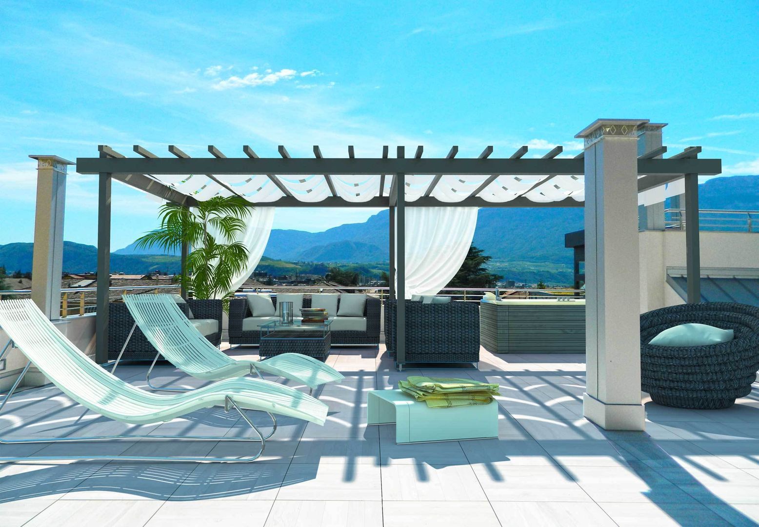 Vista lastrico solare Grendene Design Balcone, Veranda & Terrazza in stile moderno Cielo,Nuvola,Blu,Ombra,Mobili da esterno,Acqua,Tempo libero,Piscina,Lettino,Immobiliare