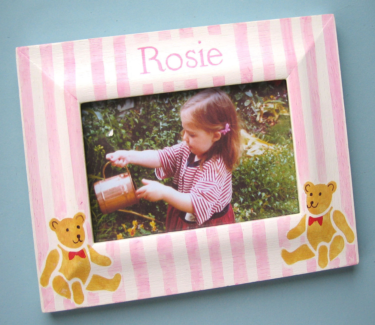 Teddy Stripe Personalised Photo-frame Anne Taylor Designs Modern nursery/kids room personalise item,photo-frame,girl's gift,teddies,nursery,Accessories & decoration