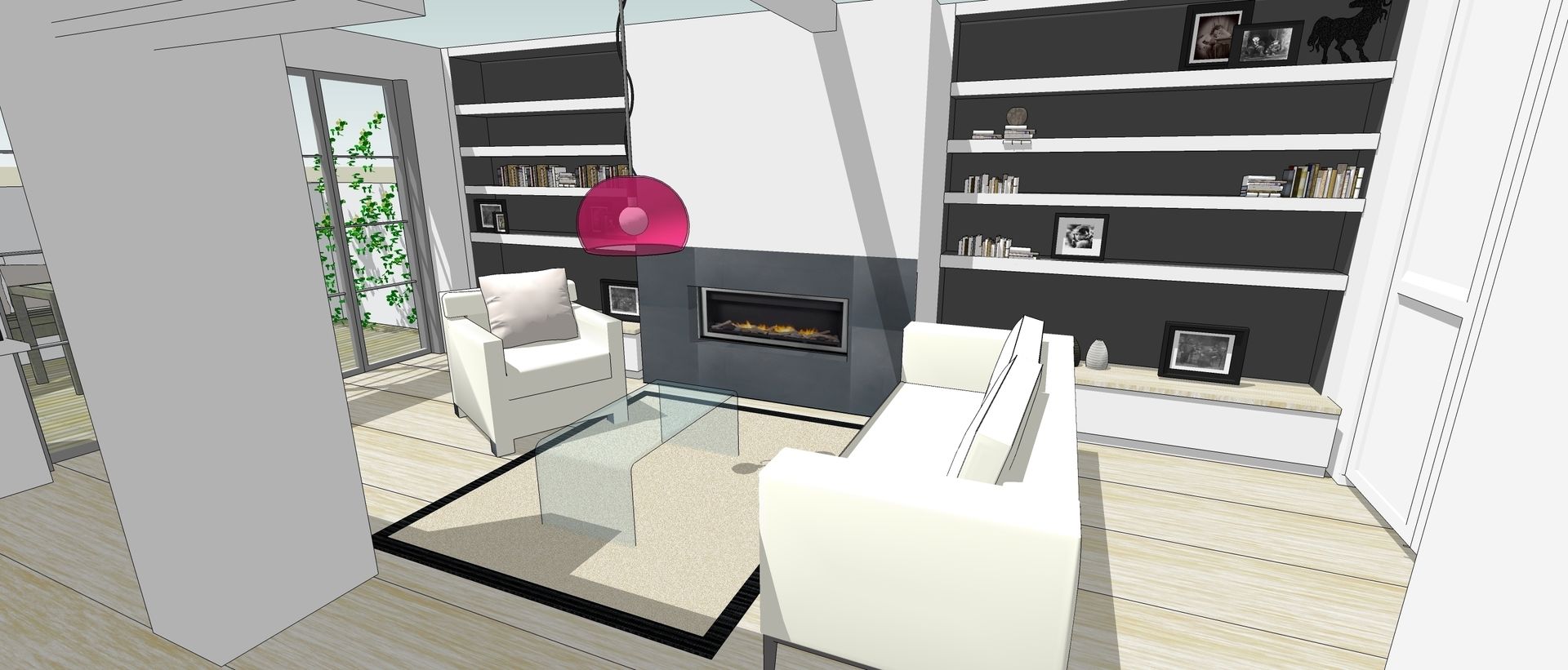 3d sketch view of fireplace Gullaksen Architects