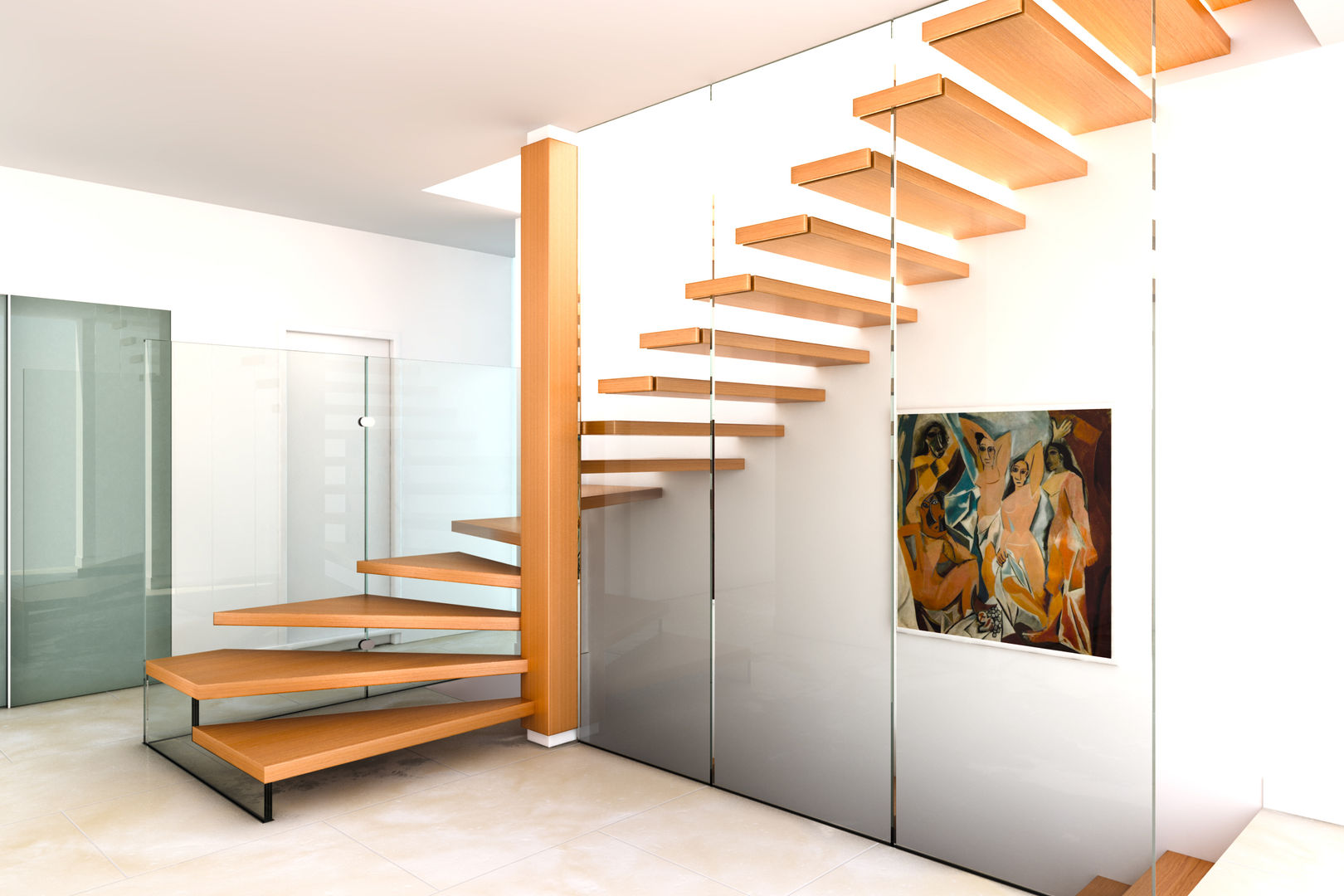 MISTRAL - Gewendelte Holztreppe mit Glaswand - bei Tag - RENDERING homify Moderner Flur, Diele & Treppenhaus