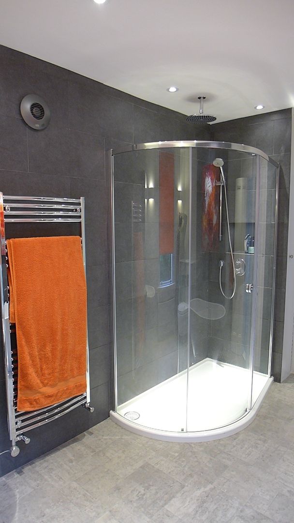 Large shower Style Within Modern bathroom quadrant shower,corner shower,rain shower,large shower,sliding door shower,grey bathroom,grey tiles,porcelain tiles,shower niche,bathroom lighting,towel warmer,bathroom tiles