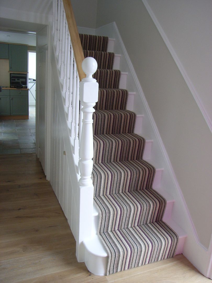 modern stair carpet runner in Victorian property Style Within Modern corridor, hallway & stairs striped stair runner,striped stair carpet,stair carpet,purple stripe carpet,white woodwork,white spindles,engineered oak floor,beige decoration,stone coloured hall,hall decoration,stair decoration