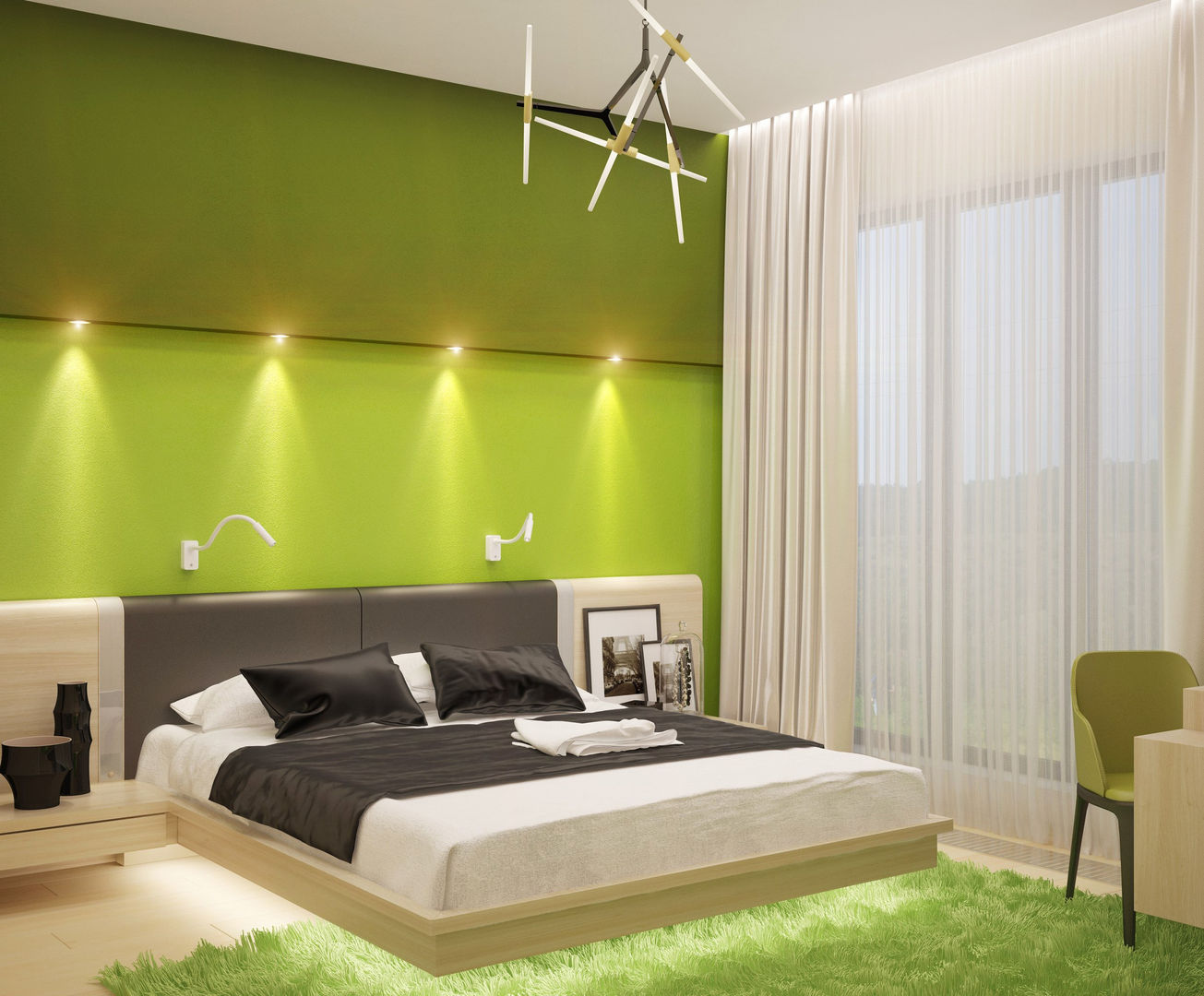 Яркие краски для спальни в стиле минимализм, Студия дизайна ROMANIUK DESIGN Студия дизайна ROMANIUK DESIGN Спальня