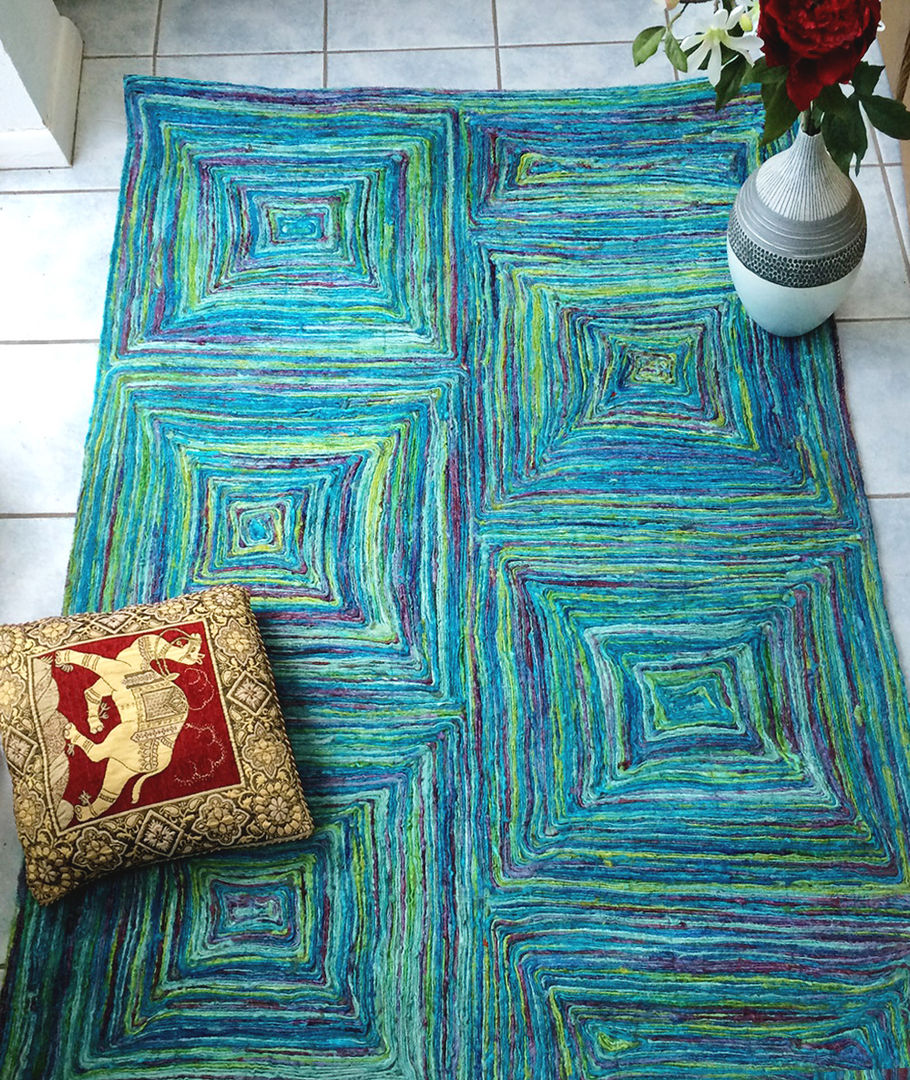 RECYCLED SARI SILK VIBRANT SQUARES RUG Green Decore Asian style living room Synthetic Brown Accessories & decoration
