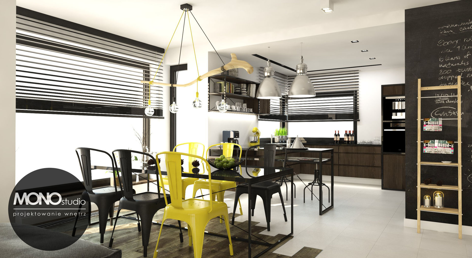 ​Surowe materiały z akcentem koloru i drewna, MONOstudio MONOstudio Industrial style dining room